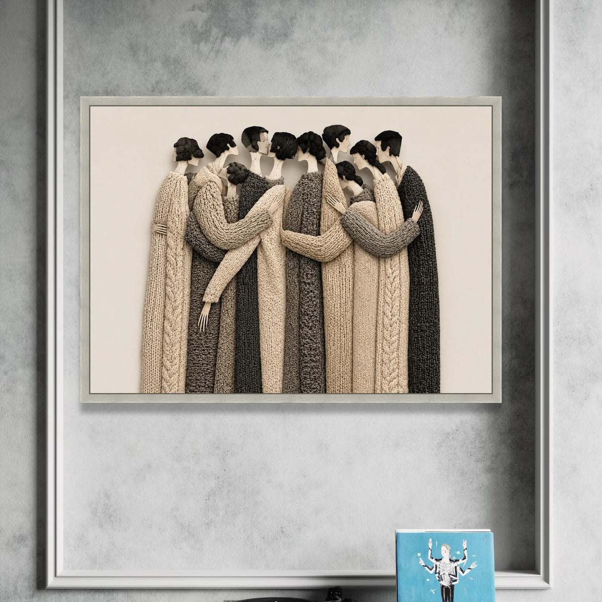 Embrace of Togetherness Canvas Wall Art, Neutral Tones Knitted Sweater Figures, Modern Figurative Canvas, Warm Home Decor, Canvas Print Art