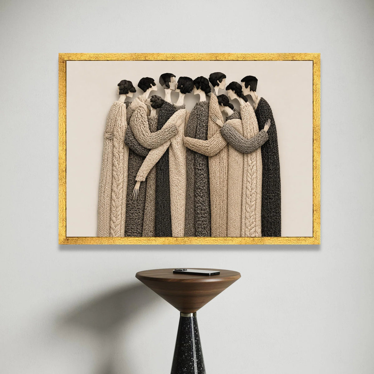 Embrace of Togetherness Canvas Wall Art, Neutral Tones Knitted Sweater Figures, Modern Figurative Canvas, Warm Home Decor, Canvas Print Art