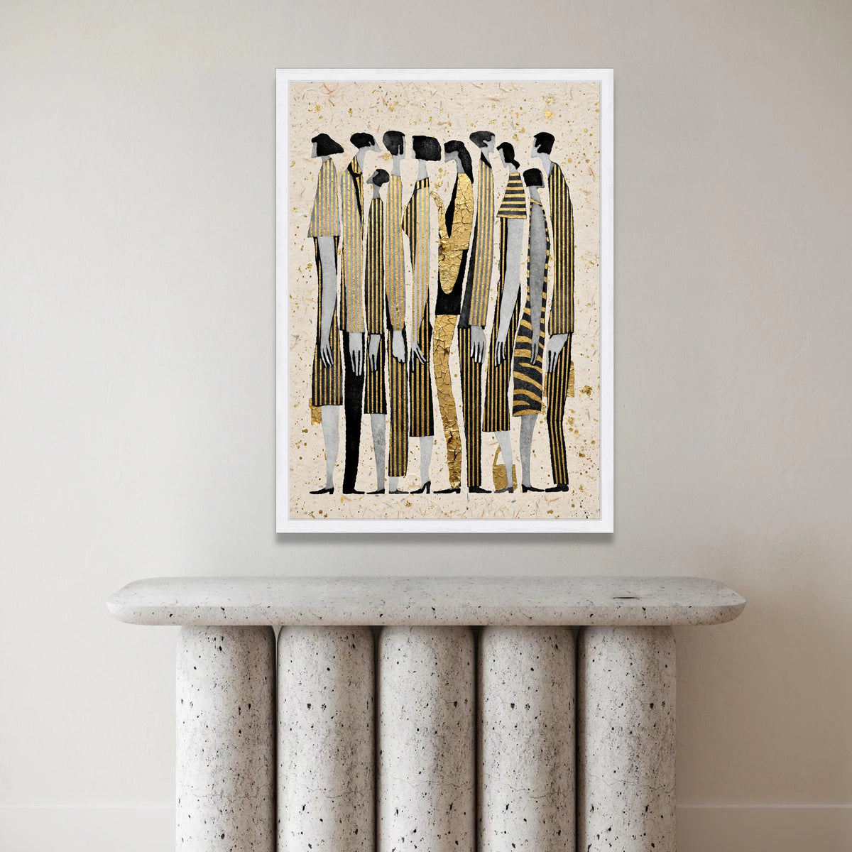 Elegant Group Silhouettes Canvas Wall Art, Modern Abstract Figures, Gold Accent Vertical Stripes, Contemporary Home Decor Canvas Print Art