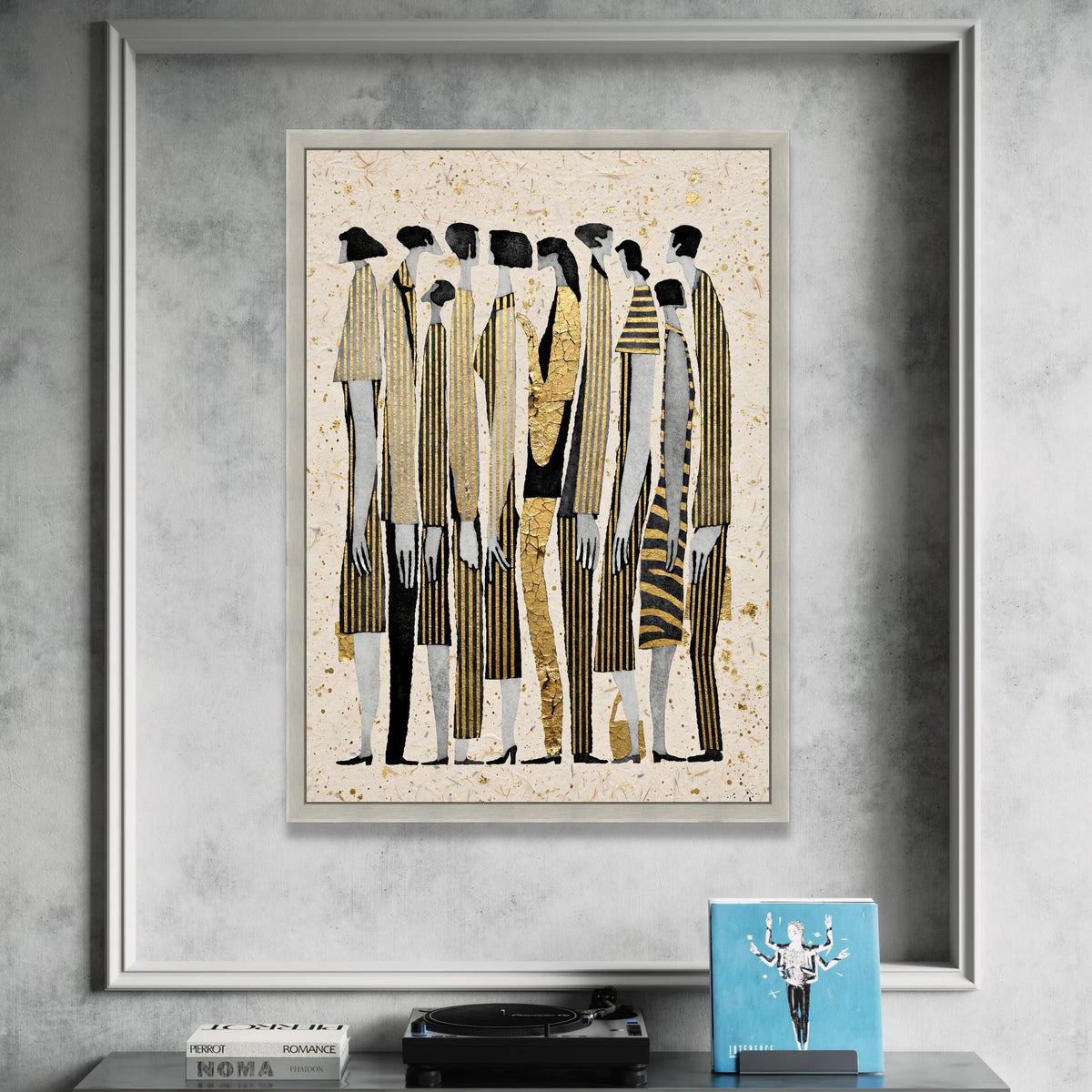 Elegant Group Silhouettes Canvas Wall Art, Modern Abstract Figures, Gold Accent Vertical Stripes, Contemporary Home Decor Canvas Print Art