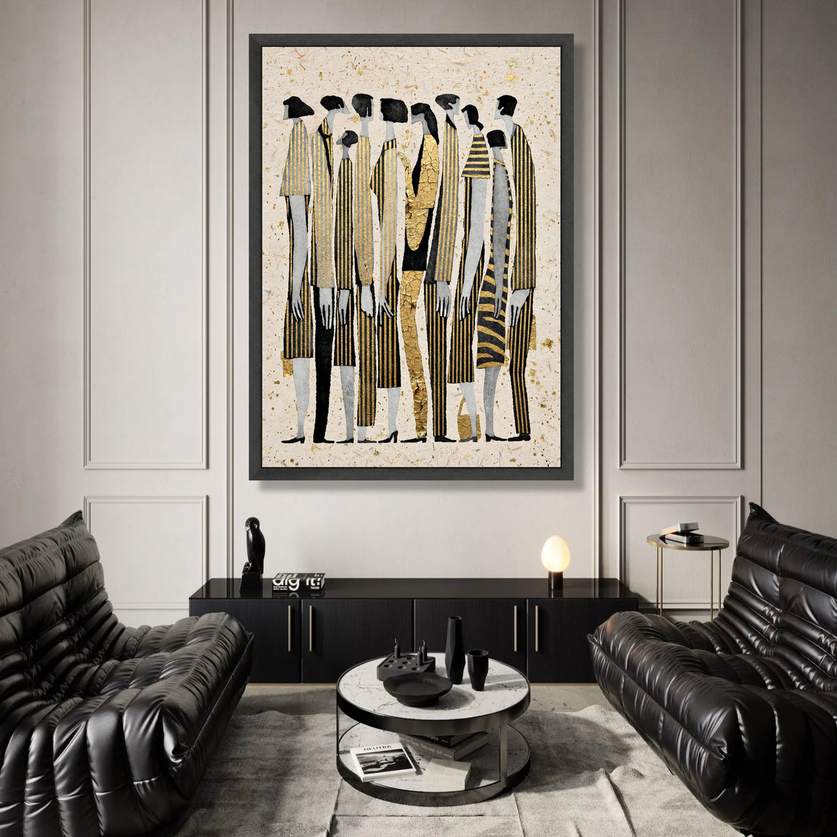 Elegant Group Silhouettes Canvas Wall Art, Modern Abstract Figures, Gold Accent Vertical Stripes, Contemporary Home Decor Canvas Print Art