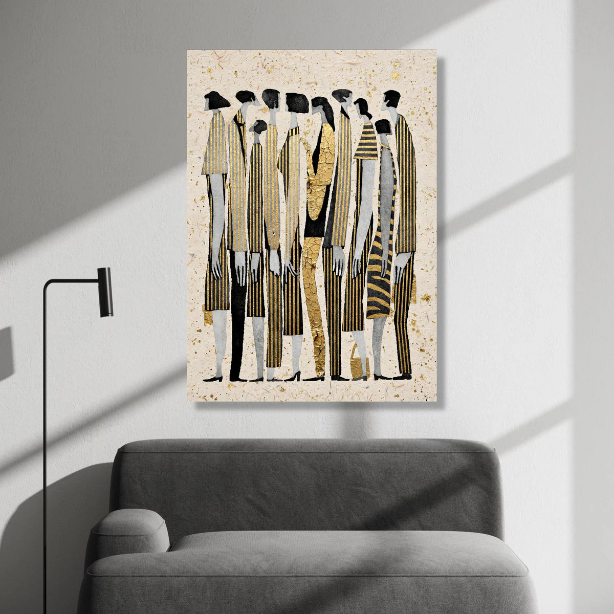 Elegant Group Silhouettes Canvas Wall Art, Modern Abstract Figures, Gold Accent Vertical Stripes, Contemporary Home Decor Canvas Print Art