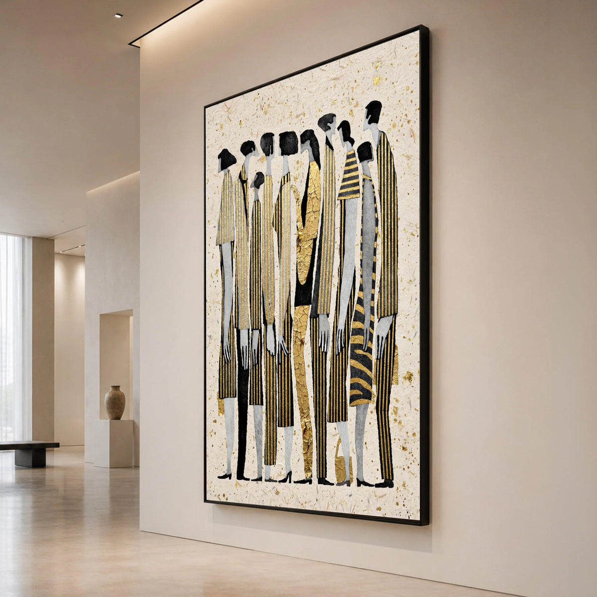 Elegant Group Silhouettes Canvas Wall Art, Modern Abstract Figures, Gold Accent Vertical Stripes, Contemporary Home Decor Canvas Print Art