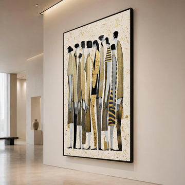 Elegant Group Silhouettes Canvas Wall Art, Modern Abstract Figures, Gold Accent Vertical Stripes, Contemporary Home Decor Canvas Print Art