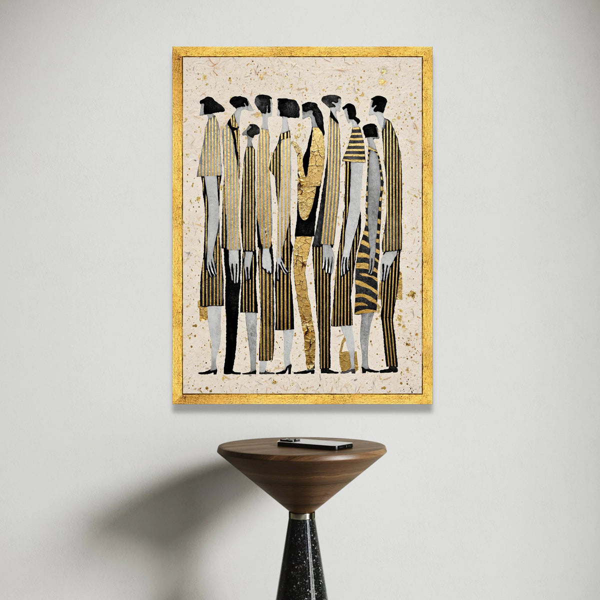 Elegant Group Silhouettes Canvas Wall Art, Modern Abstract Figures, Gold Accent Vertical Stripes, Contemporary Home Decor Canvas Print Art