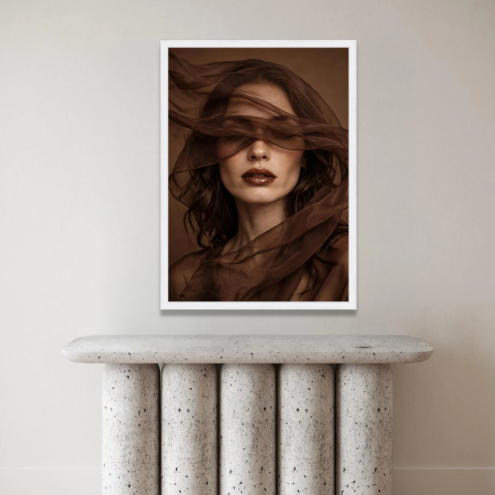 Elegant Woman Portrait Canvas, Brown Sheer Fabric Art, Modern Face Wall Art, Moody Home Decoration, Feminine Beauty Canvas Canvas Print Art