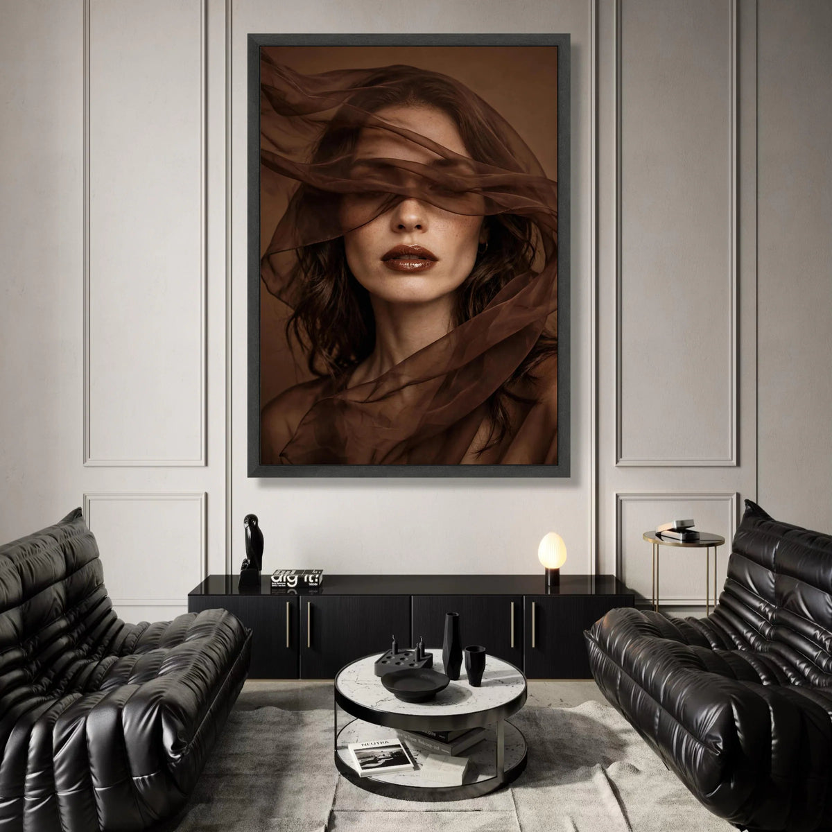 Elegant Woman Portrait Canvas, Brown Sheer Fabric Art, Modern Face Wall Art, Moody Home Decoration, Feminine Beauty Canvas Canvas Print Art
