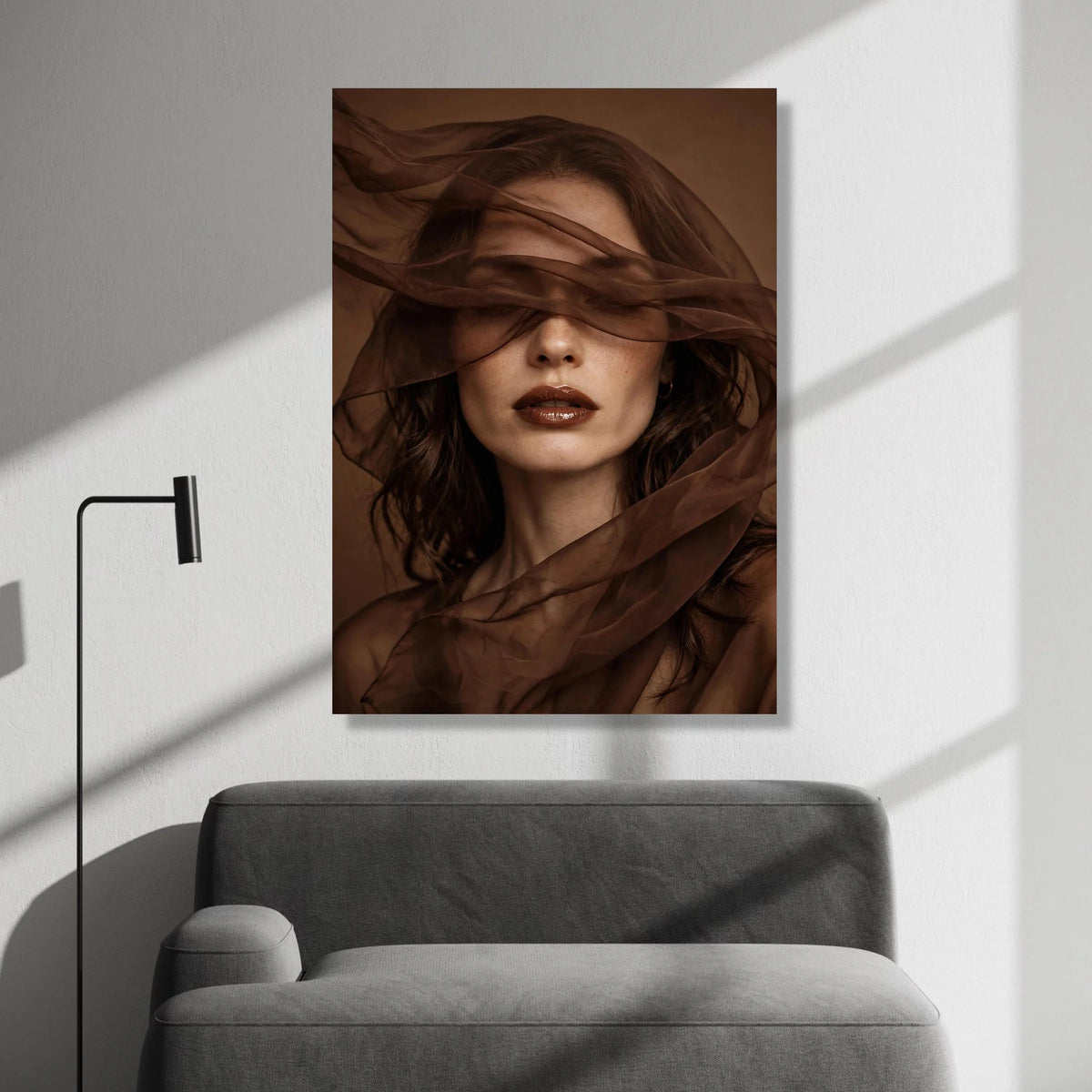 Elegant Woman Portrait Canvas, Brown Sheer Fabric Art, Modern Face Wall Art, Moody Home Decoration, Feminine Beauty Canvas Canvas Print Art