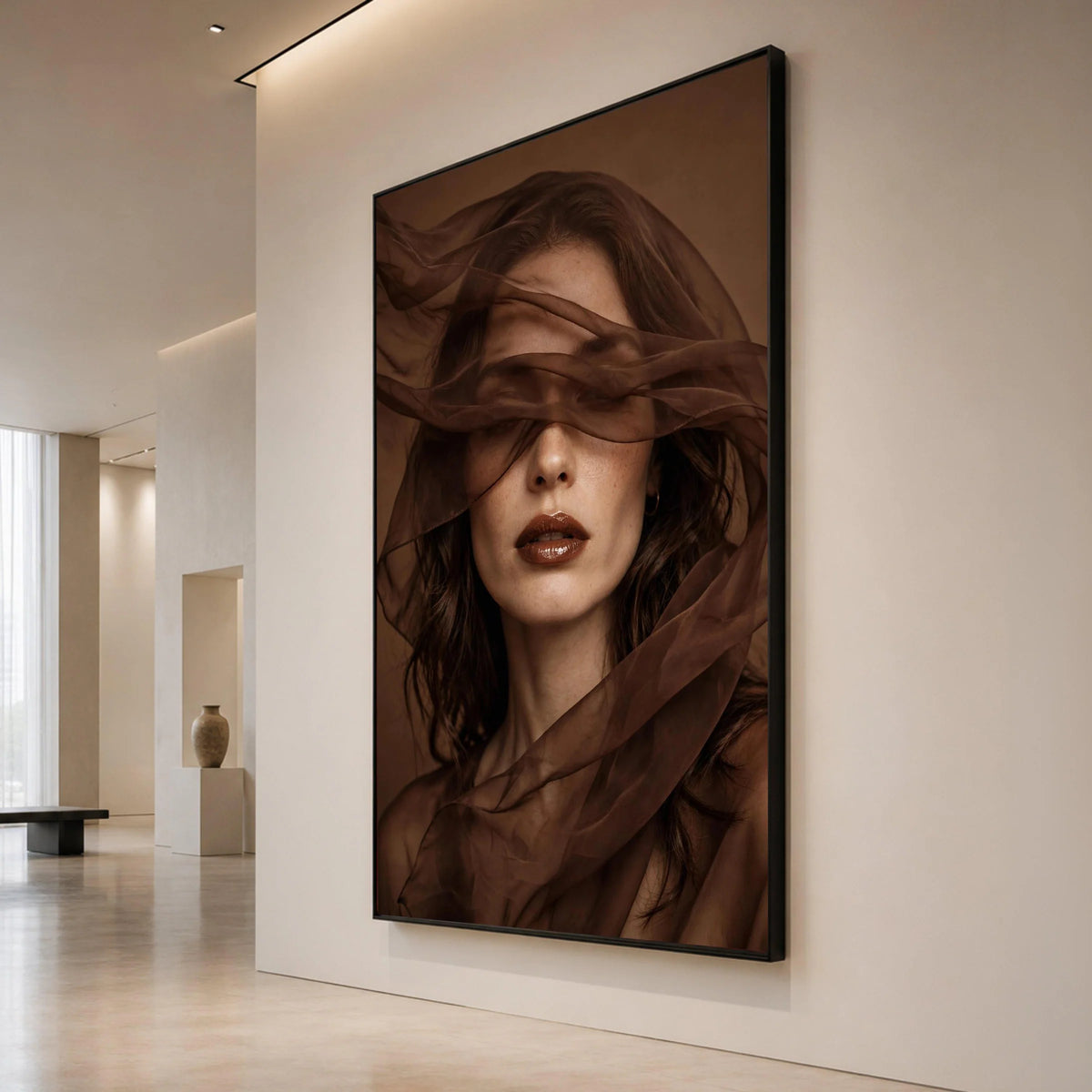 Elegant Woman Portrait Canvas, Brown Sheer Fabric Art, Modern Face Wall Art, Moody Home Decoration, Feminine Beauty Canvas Canvas Print Art