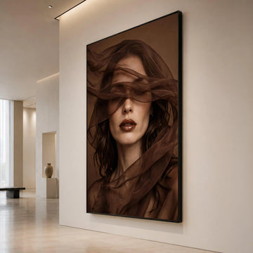 Elegant Woman Portrait Canvas, Brown Sheer Fabric Art, Modern Face Wall Art, Moody Home Decoration, Feminine Beauty Canvas Canvas Print Art