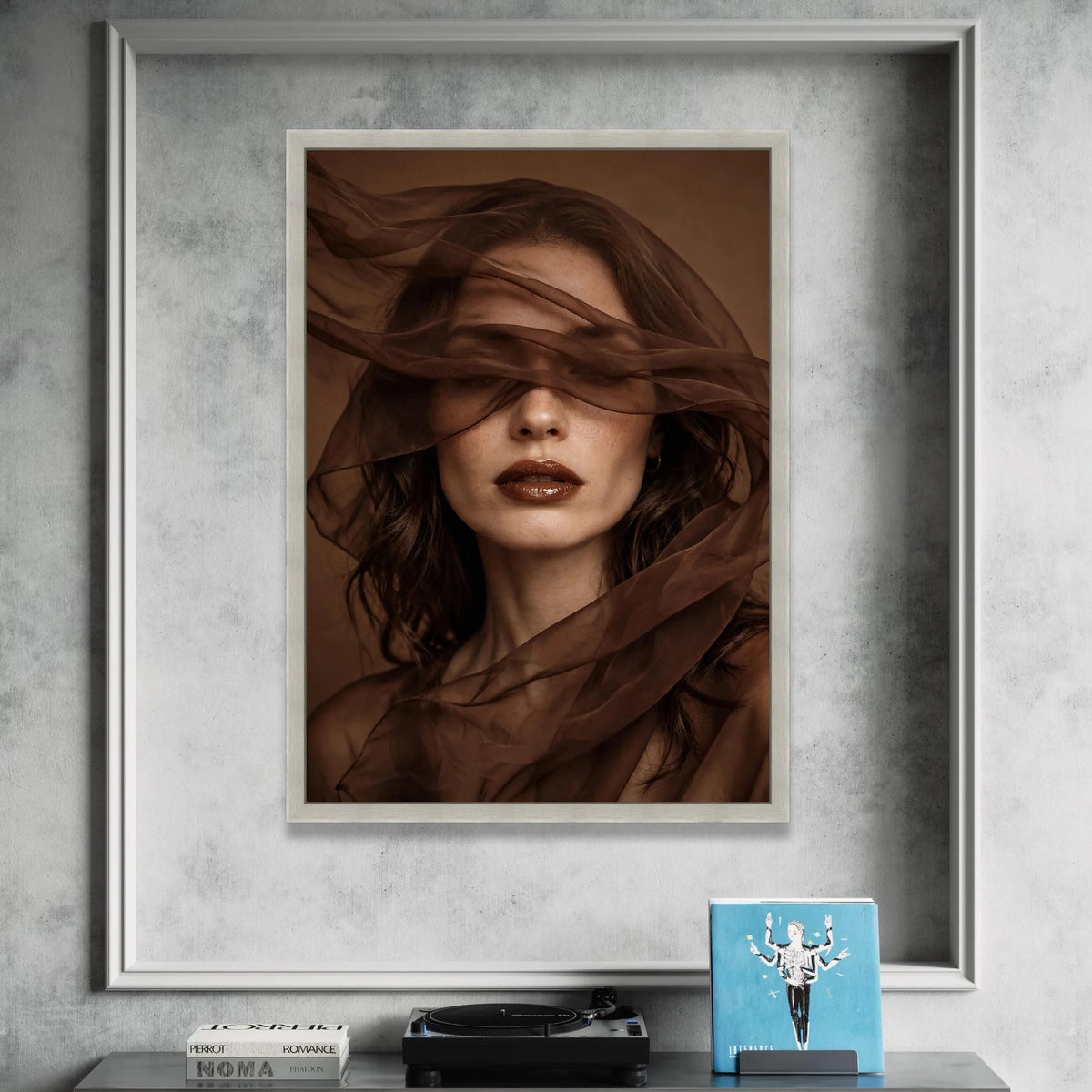 Elegant Woman Portrait Canvas, Brown Sheer Fabric Art, Modern Face Wall Art, Moody Home Decoration, Feminine Beauty Canvas Canvas Print Art