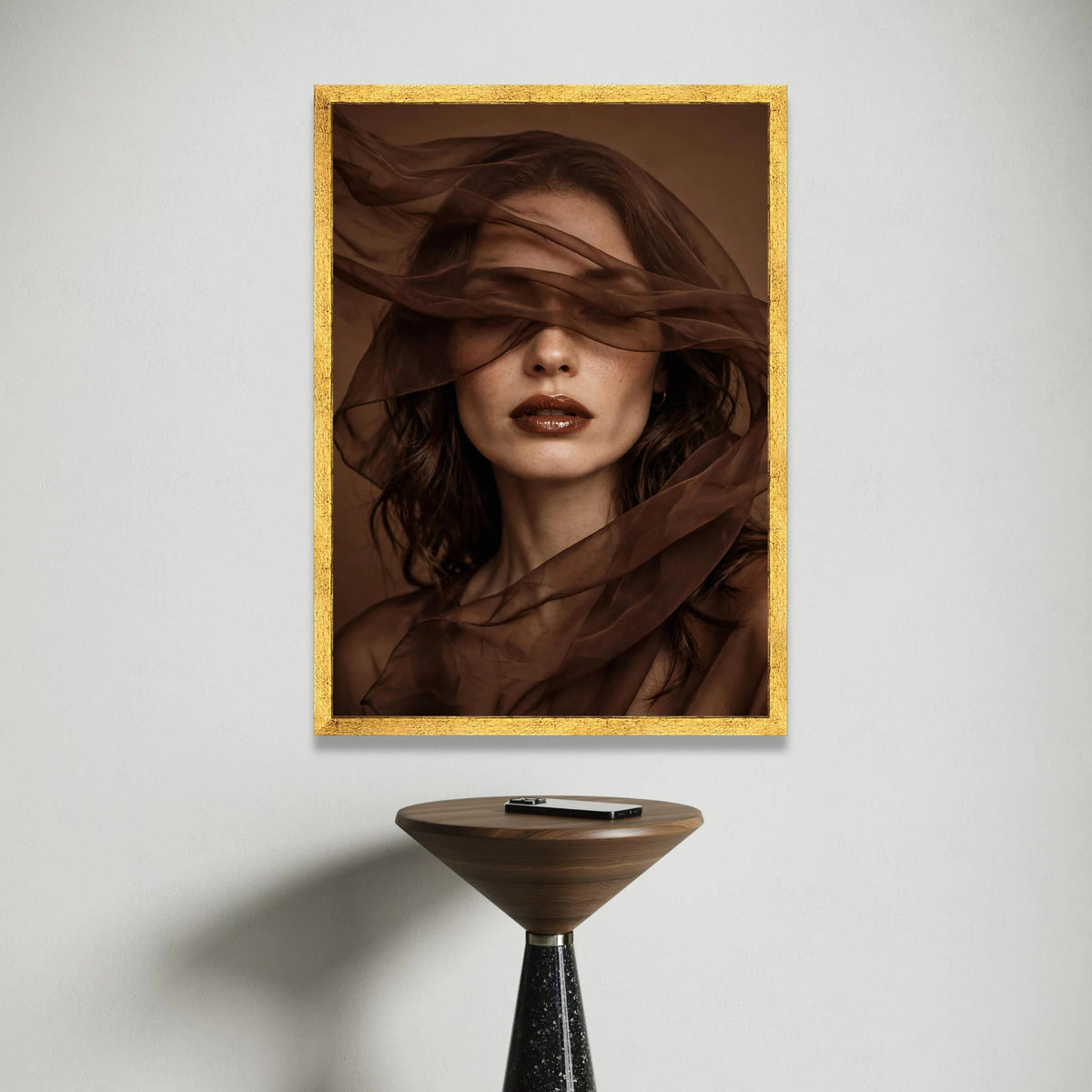 Elegant Woman Portrait Canvas, Brown Sheer Fabric Art, Modern Face Wall Art, Moody Home Decoration, Feminine Beauty Canvas Canvas Print Art