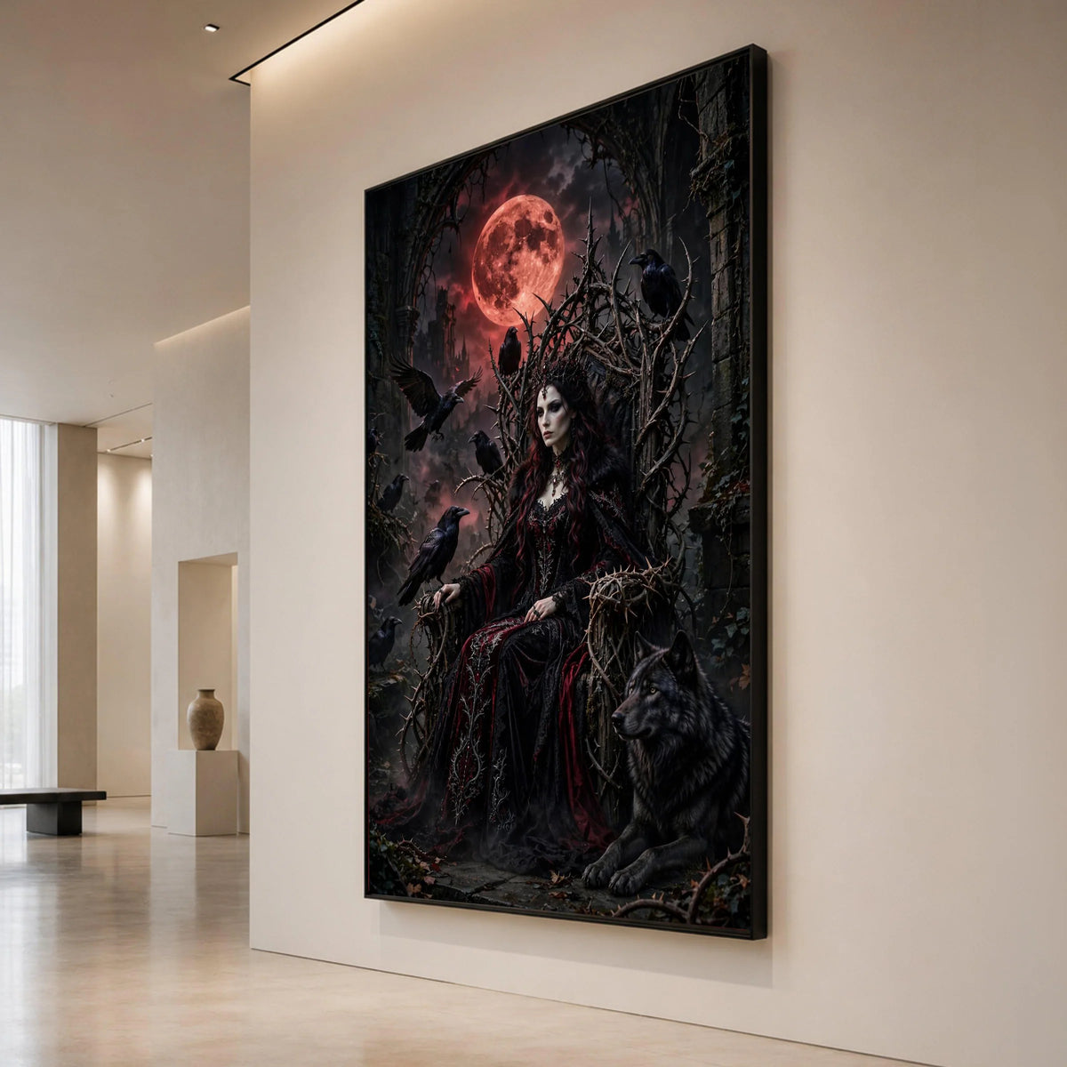 Gothic Dark Queen Canvas, Mystical Throne Wall Art, Raven and Wolf Decor, Red Moon Night Scene, Fantasy Home Decoration Canvas Print Art