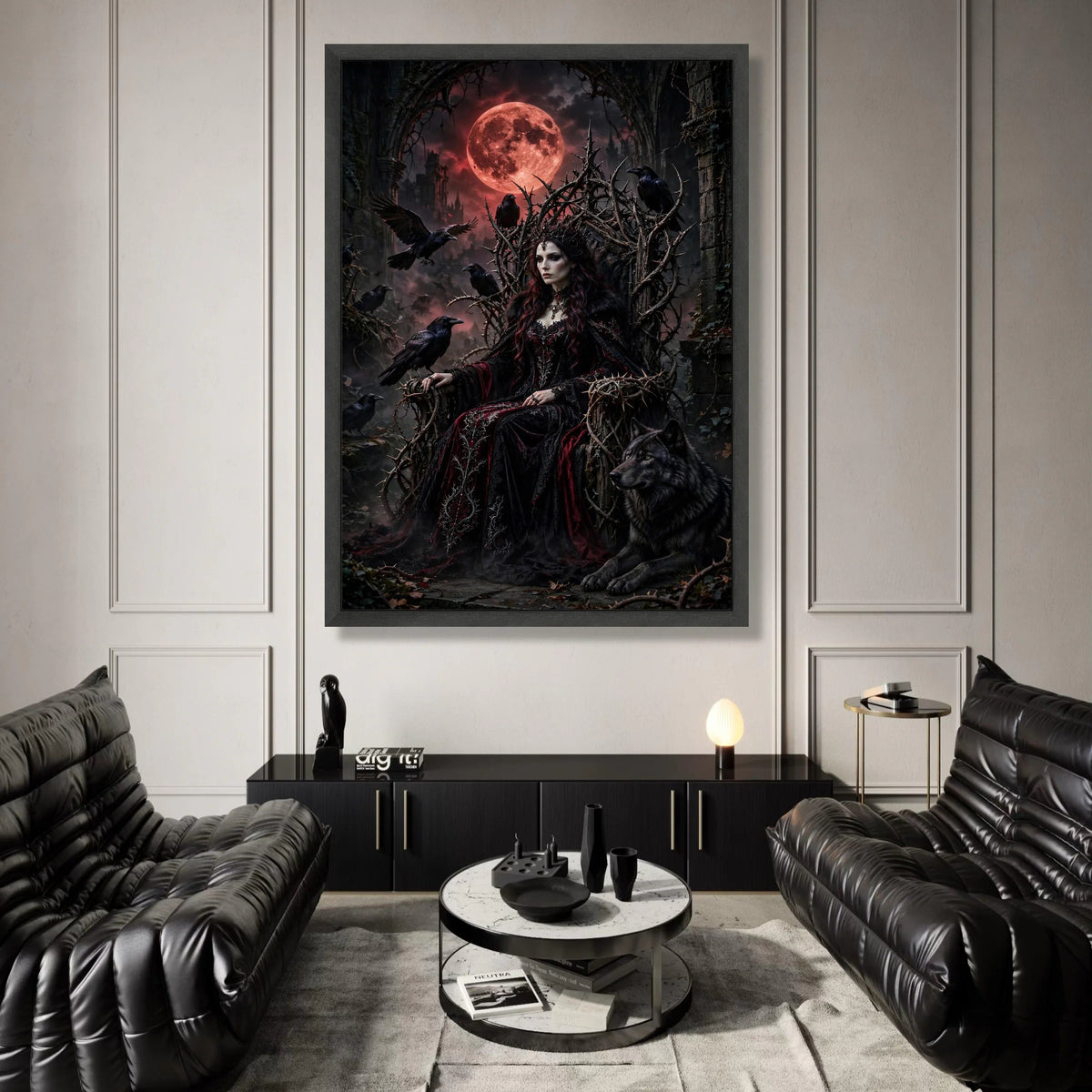 Gothic Dark Queen Canvas, Mystical Throne Wall Art, Raven and Wolf Decor, Red Moon Night Scene, Fantasy Home Decoration Canvas Print Art