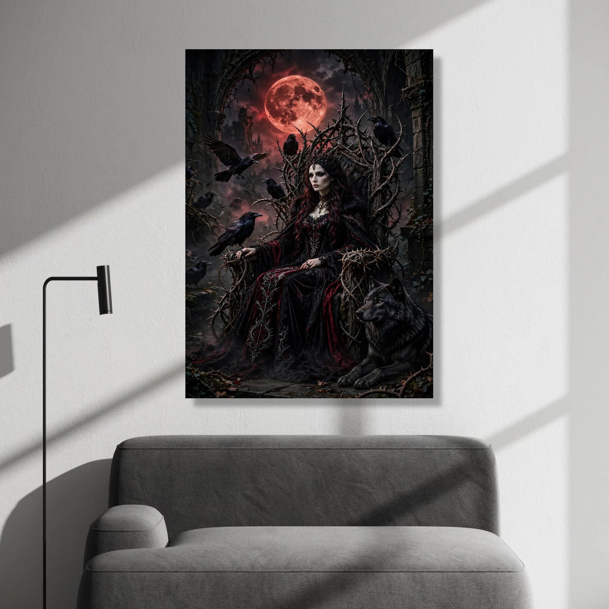 Gothic Dark Queen Canvas, Mystical Throne Wall Art, Raven and Wolf Decor, Red Moon Night Scene, Fantasy Home Decoration Canvas Print Art