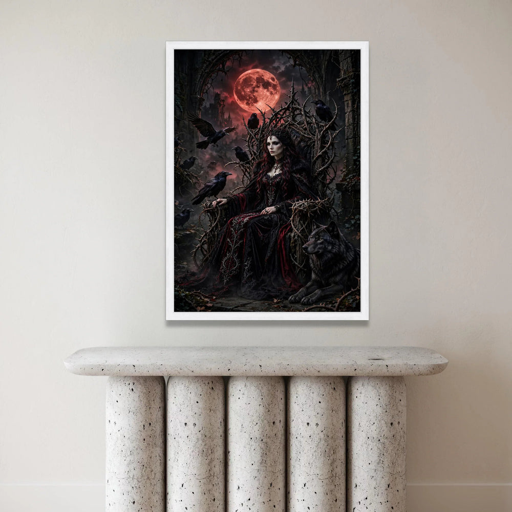 Gothic Dark Queen Canvas, Mystical Throne Wall Art, Raven and Wolf Decor, Red Moon Night Scene, Fantasy Home Decoration Canvas Print Art