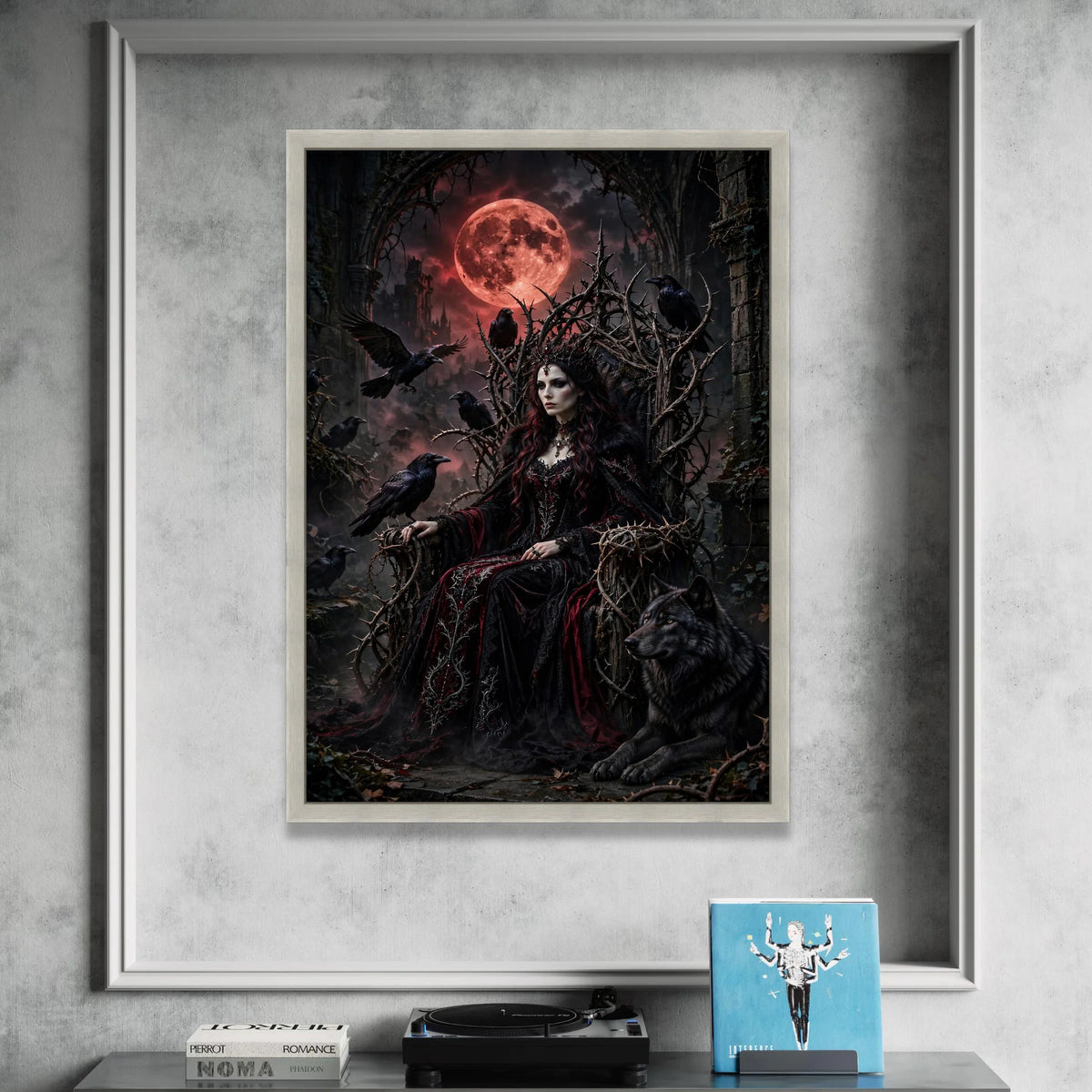 Gothic Dark Queen Canvas, Mystical Throne Wall Art, Raven and Wolf Decor, Red Moon Night Scene, Fantasy Home Decoration Canvas Print Art