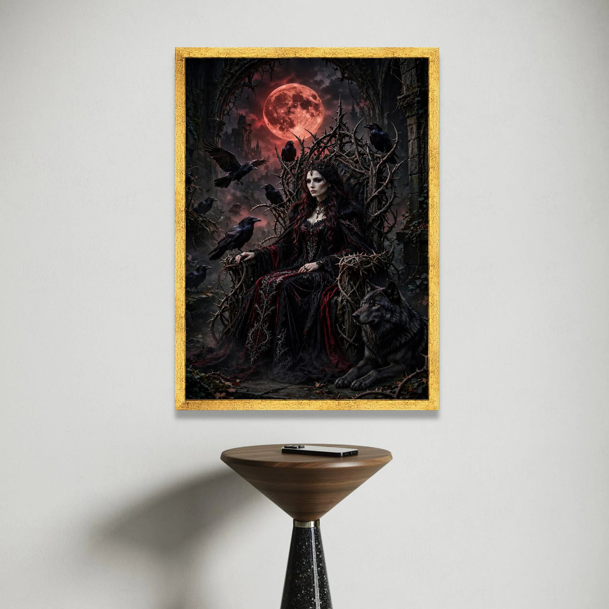 Gothic Dark Queen Canvas, Mystical Throne Wall Art, Raven and Wolf Decor, Red Moon Night Scene, Fantasy Home Decoration Canvas Print Art