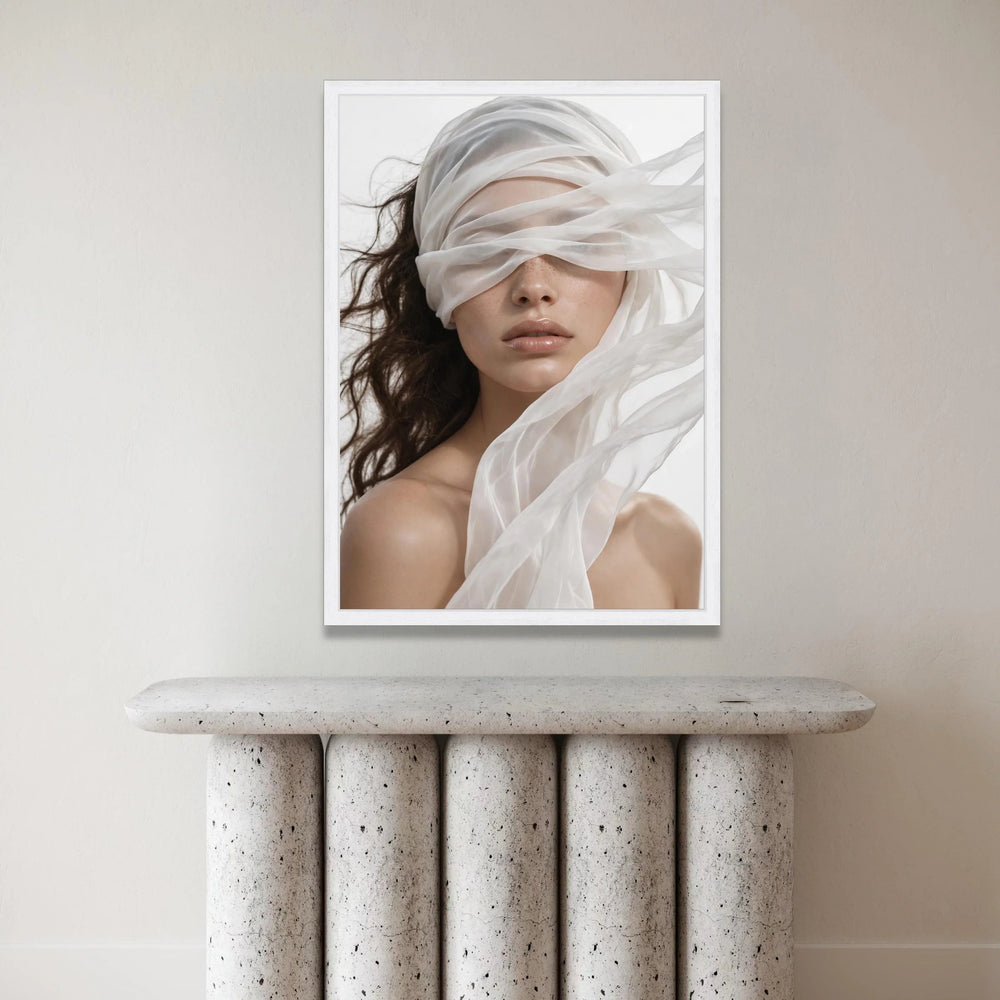 Ethereal Woman Portrait with Flowing Sheer Fabric, Modern Fashion Canvas Wall Art, Elegant Beauty Face Closeup, Minimalist Canvas Print Art
