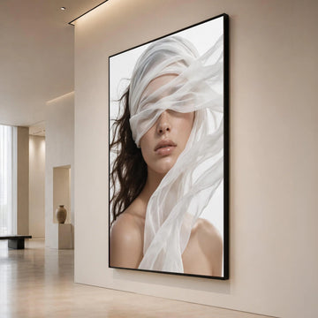 Ethereal Woman Portrait with Flowing Sheer Fabric, Modern Fashion Canvas Wall Art, Elegant Beauty Face Closeup, Minimalist Canvas Print Art