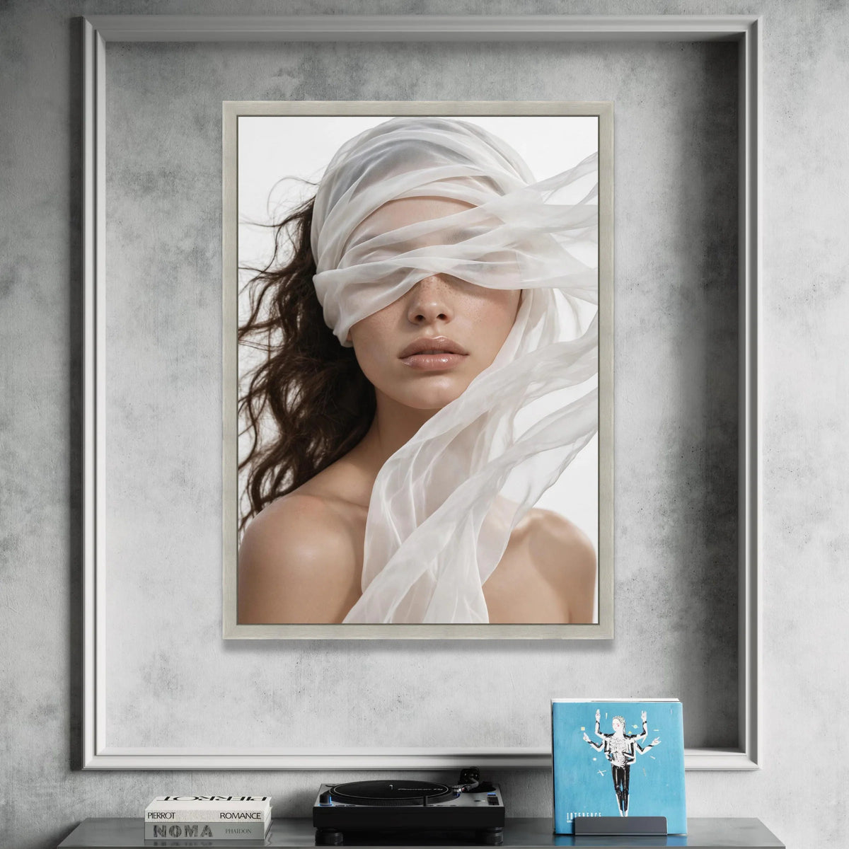 Ethereal Woman Portrait with Flowing Sheer Fabric, Modern Fashion Canvas Wall Art, Elegant Beauty Face Closeup, Minimalist Canvas Print Art