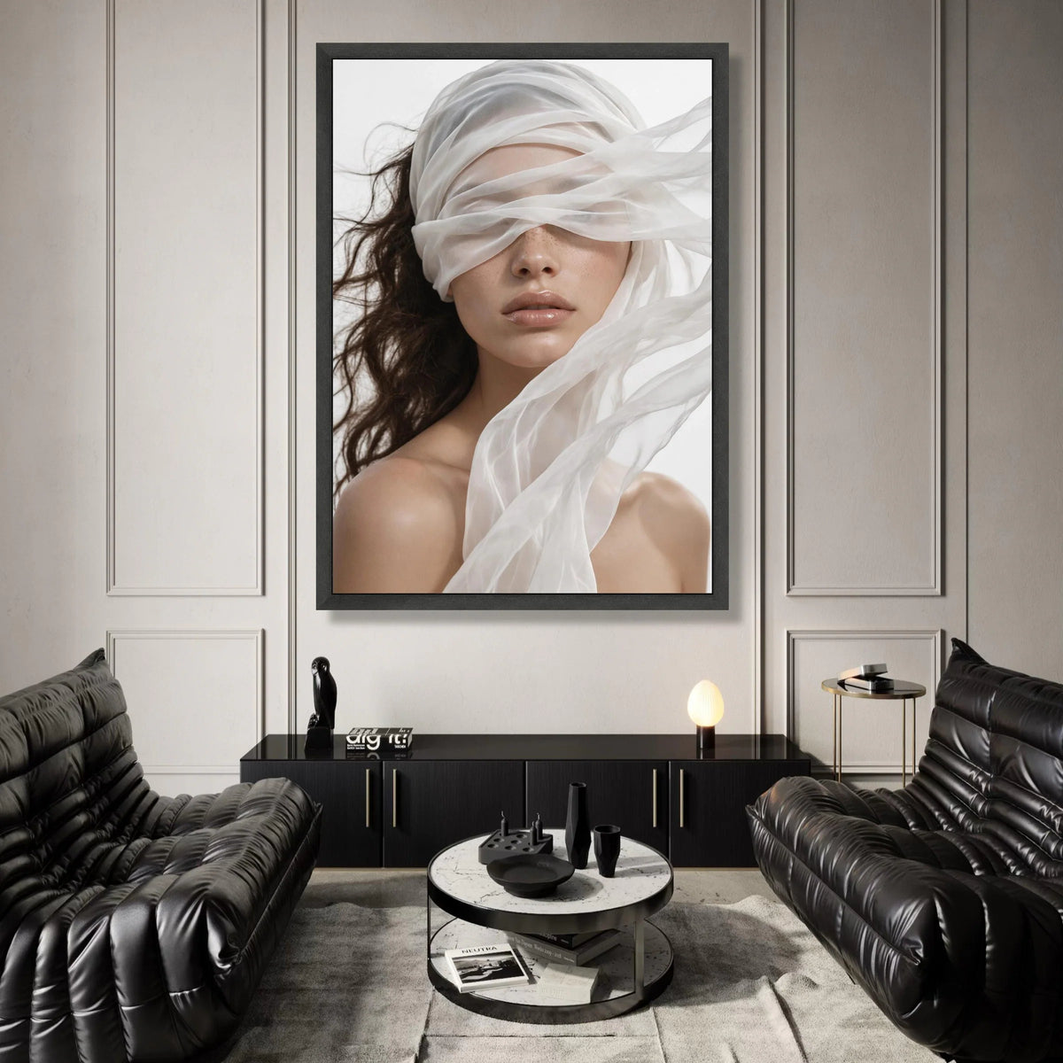 Ethereal Woman Portrait with Flowing Sheer Fabric, Modern Fashion Canvas Wall Art, Elegant Beauty Face Closeup, Minimalist Canvas Print Art