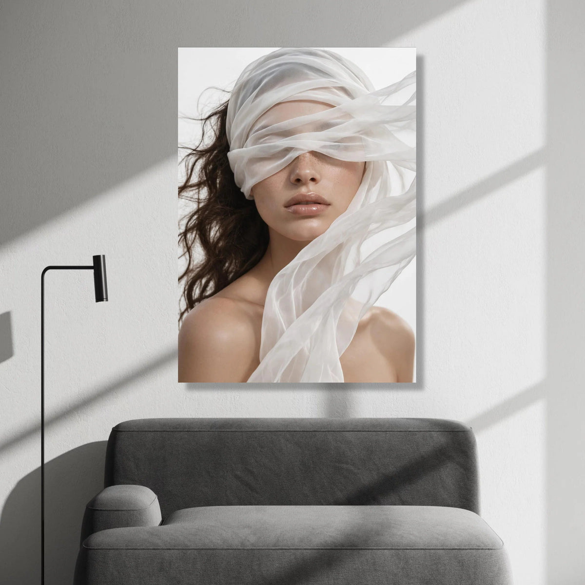 Ethereal Woman Portrait with Flowing Sheer Fabric, Modern Fashion Canvas Wall Art, Elegant Beauty Face Closeup, Minimalist Canvas Print Art