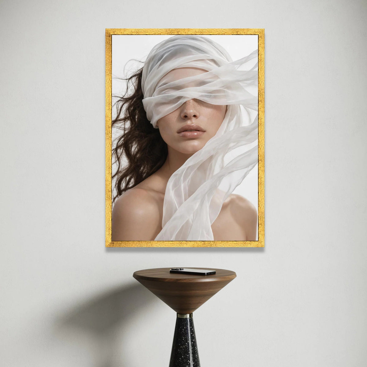Ethereal Woman Portrait with Flowing Sheer Fabric, Modern Fashion Canvas Wall Art, Elegant Beauty Face Closeup, Minimalist Canvas Print Art