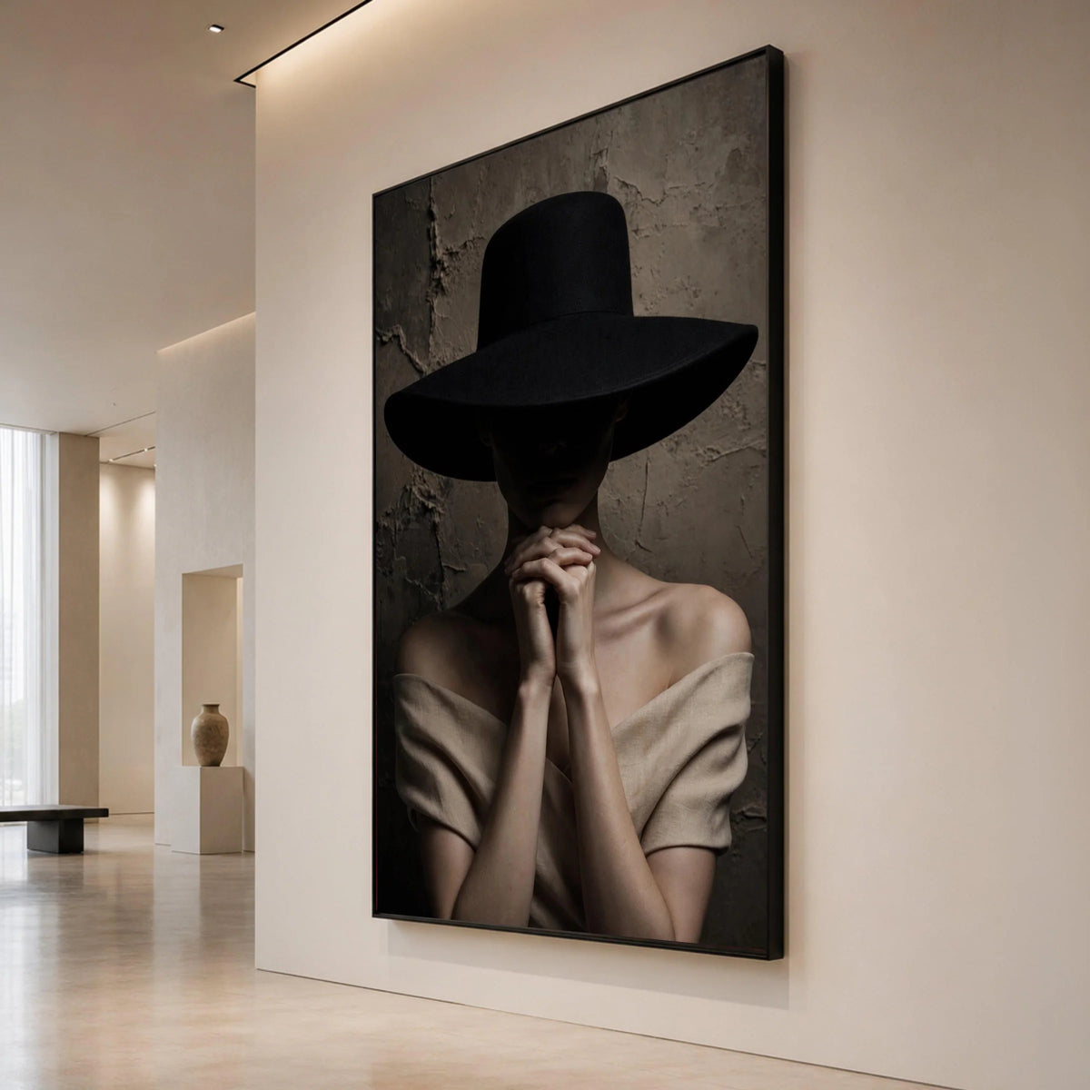 Mysterious Woman with Wide Brim Hat Canvas, Moody Portrait Photography, Dark Background Wall Art, Elegant Fashion Canvas, Canvas Print Art