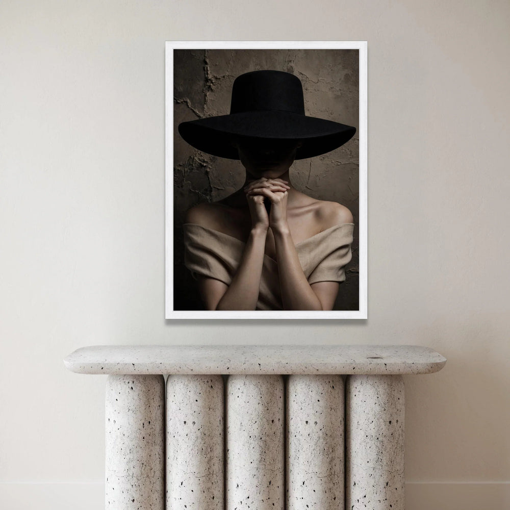 Mysterious Woman with Wide Brim Hat Canvas, Moody Portrait Photography, Dark Background Wall Art, Elegant Fashion Canvas, Canvas Print Art