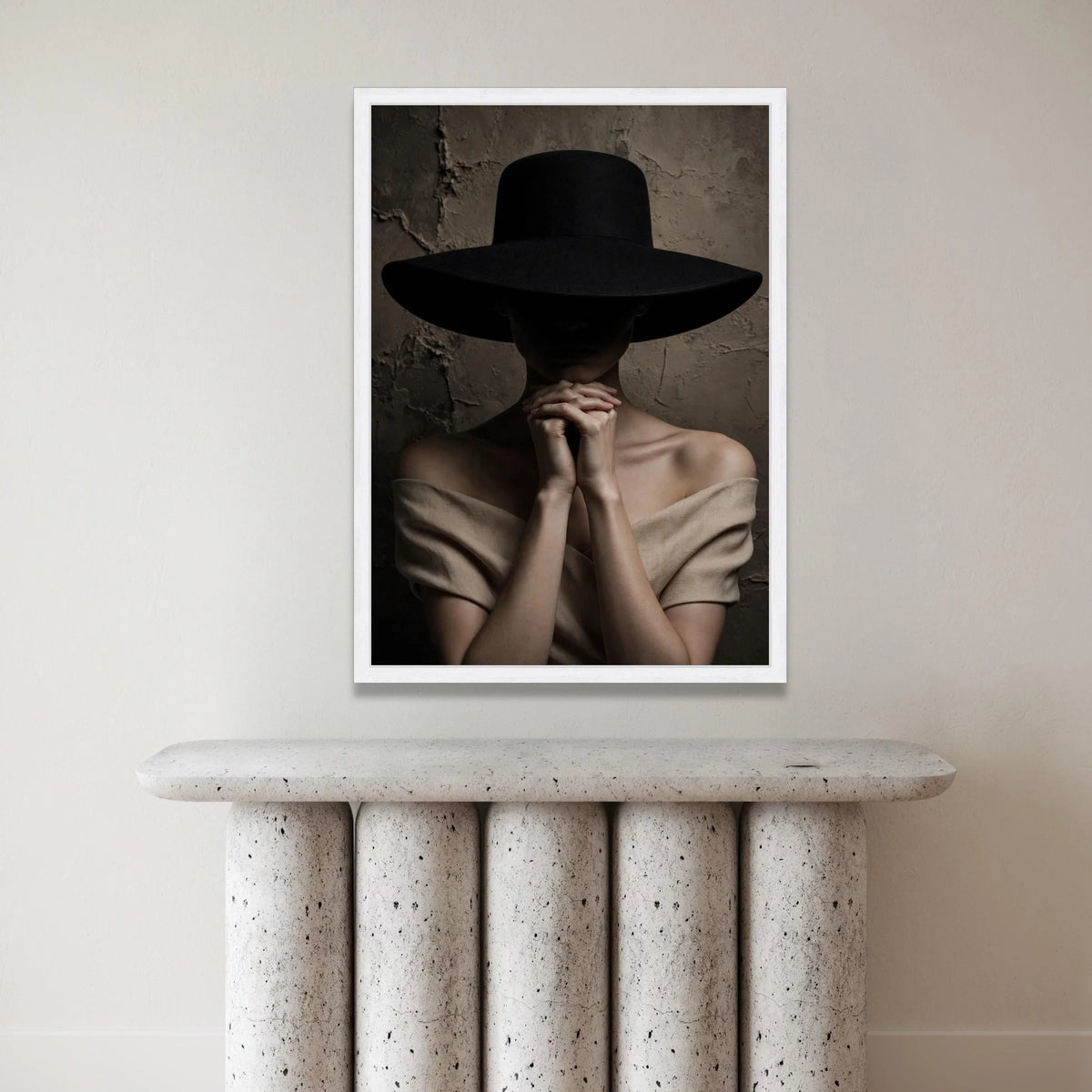Mysterious Woman with Wide Brim Hat Canvas, Moody Portrait Photography, Dark Background Wall Art, Elegant Fashion Canvas, Canvas Print Art