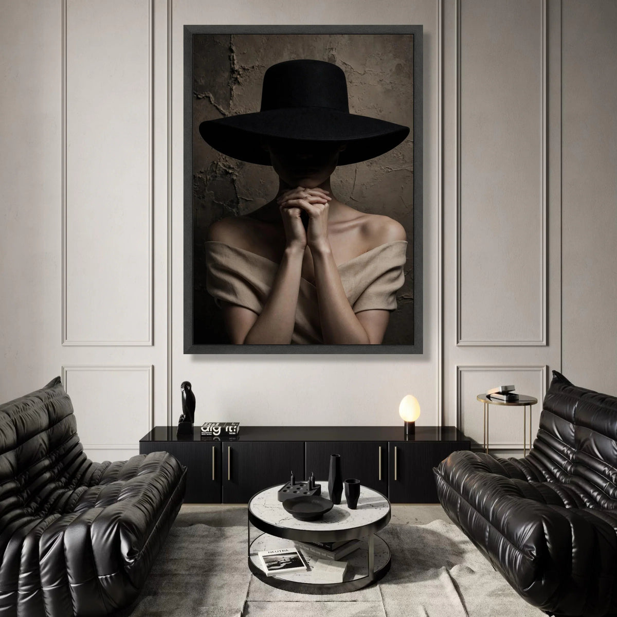 Mysterious Woman with Wide Brim Hat Canvas, Moody Portrait Photography, Dark Background Wall Art, Elegant Fashion Canvas, Canvas Print Art