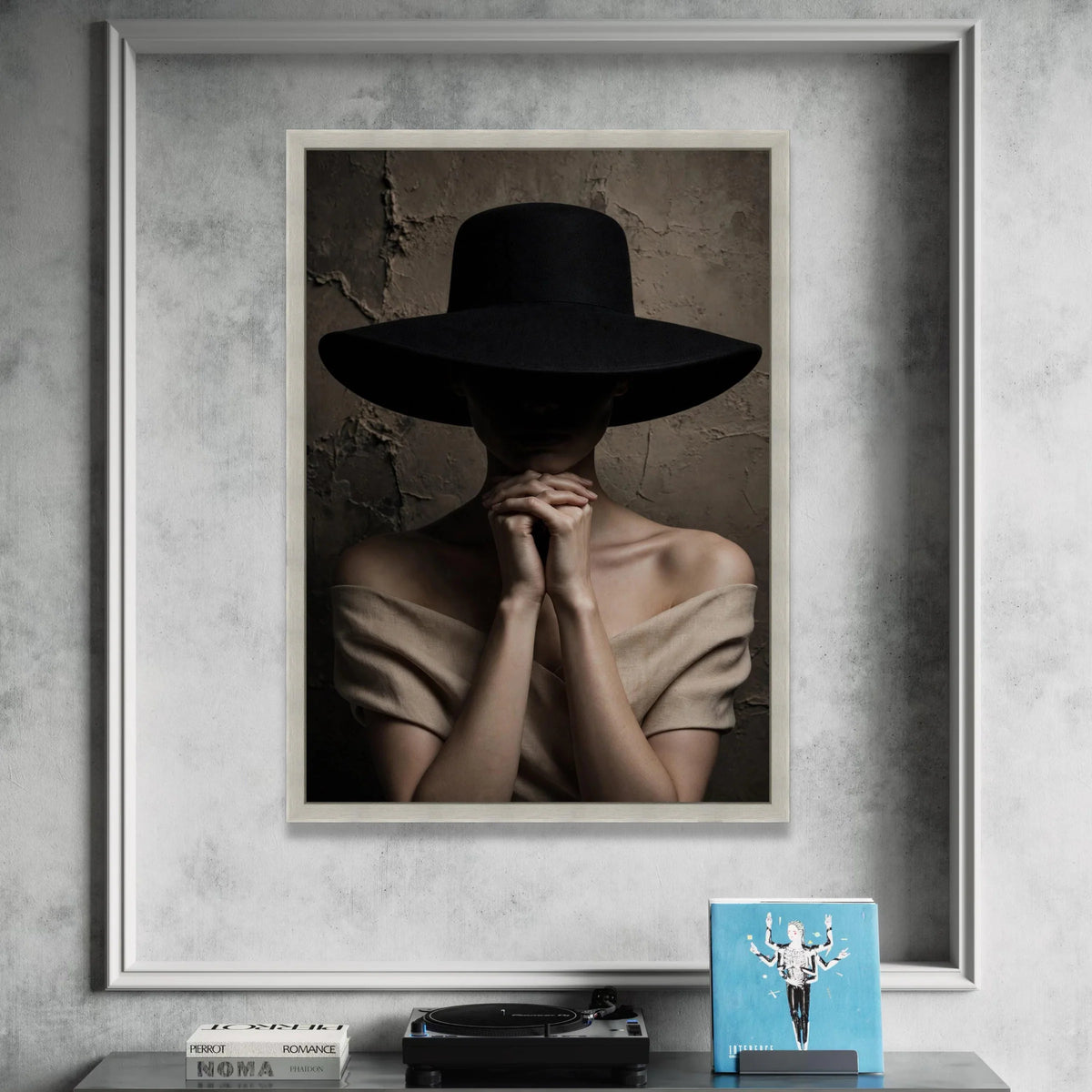 Mysterious Woman with Wide Brim Hat Canvas, Moody Portrait Photography, Dark Background Wall Art, Elegant Fashion Canvas, Canvas Print Art