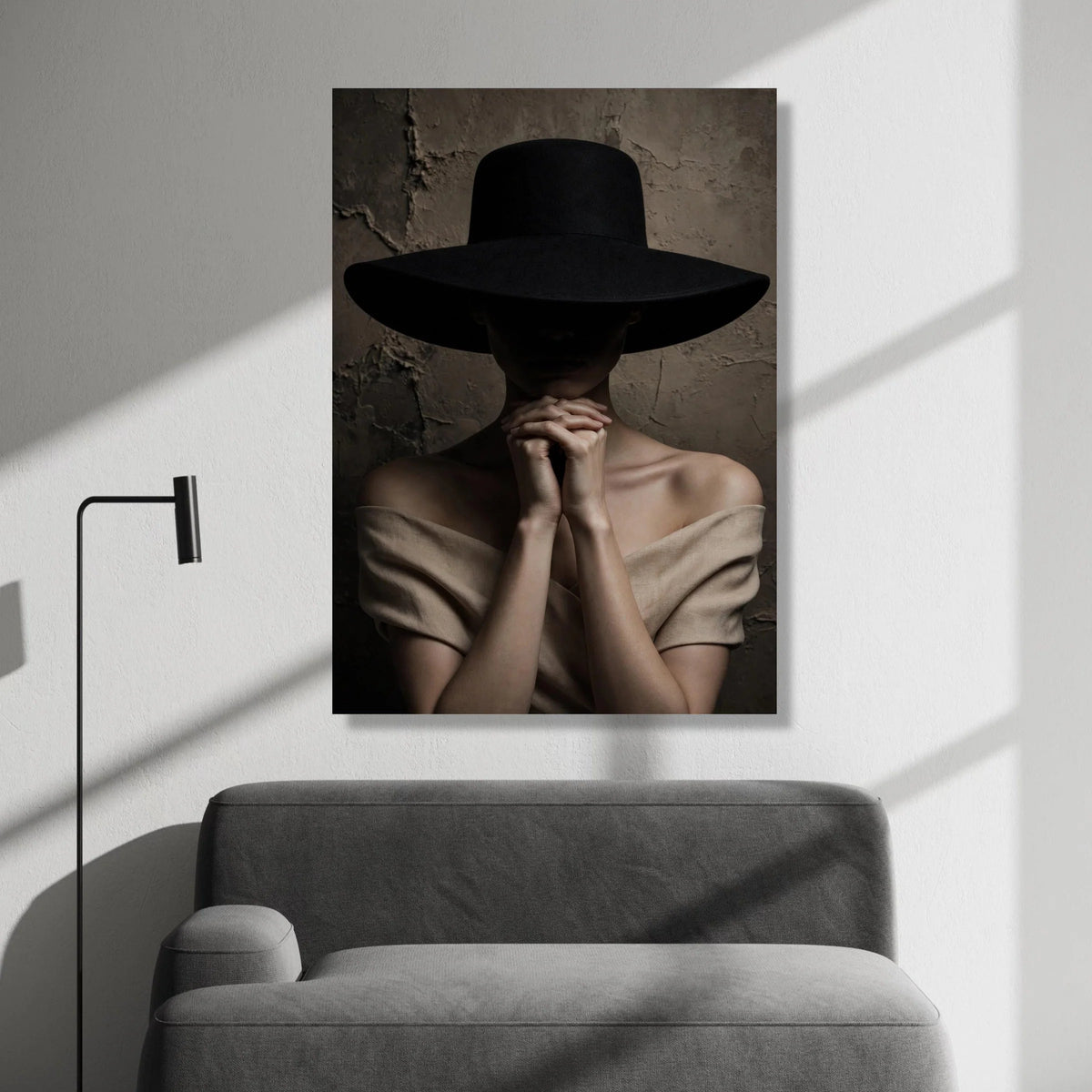 Mysterious Woman with Wide Brim Hat Canvas, Moody Portrait Photography, Dark Background Wall Art, Elegant Fashion Canvas, Canvas Print Art