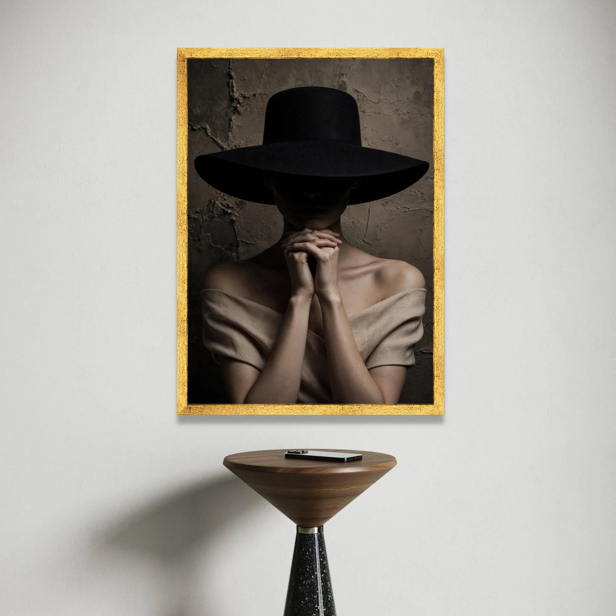 Mysterious Woman with Wide Brim Hat Canvas, Moody Portrait Photography, Dark Background Wall Art, Elegant Fashion Canvas, Canvas Print Art