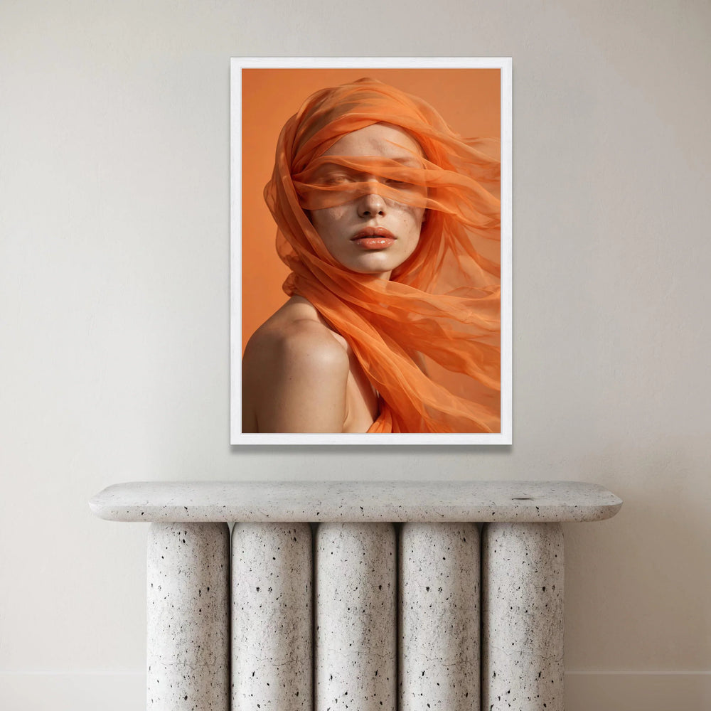 Ethereal Portrait with Flowing Orange Veil, Contemporary Female Canvas Wall Art, Modern Home Decoration, Fashion Canvas Print Art