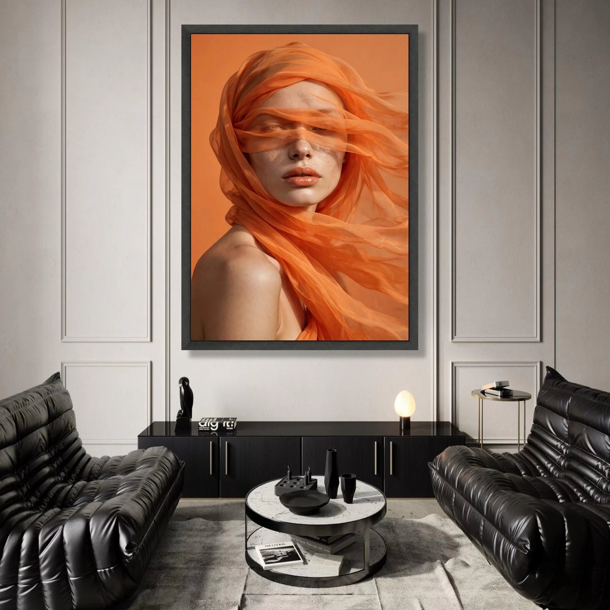 Ethereal Portrait with Flowing Orange Veil, Contemporary Female Canvas Wall Art, Modern Home Decoration, Fashion Canvas Print Art