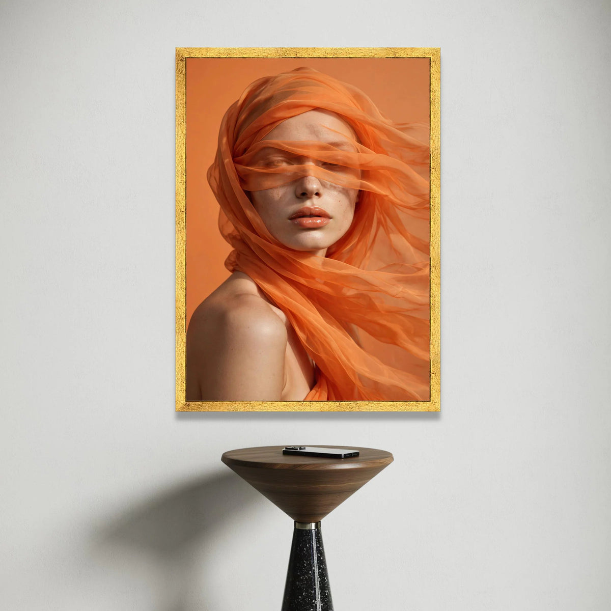 Ethereal Portrait with Flowing Orange Veil, Contemporary Female Canvas Wall Art, Modern Home Decoration, Fashion Canvas Print Art