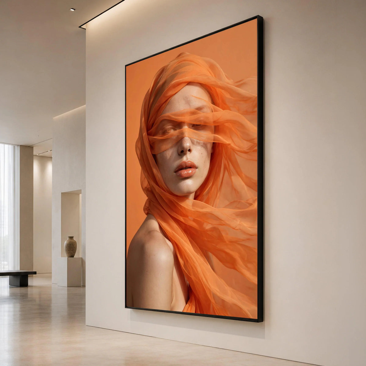 Ethereal Portrait with Flowing Orange Veil, Contemporary Female Canvas Wall Art, Modern Home Decoration, Fashion Canvas Print Art