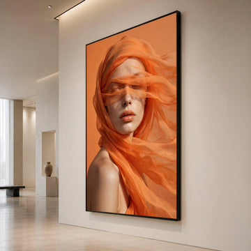 Ethereal Portrait with Flowing Orange Veil, Contemporary Female Canvas Wall Art, Modern Home Decoration, Fashion Canvas Print Art