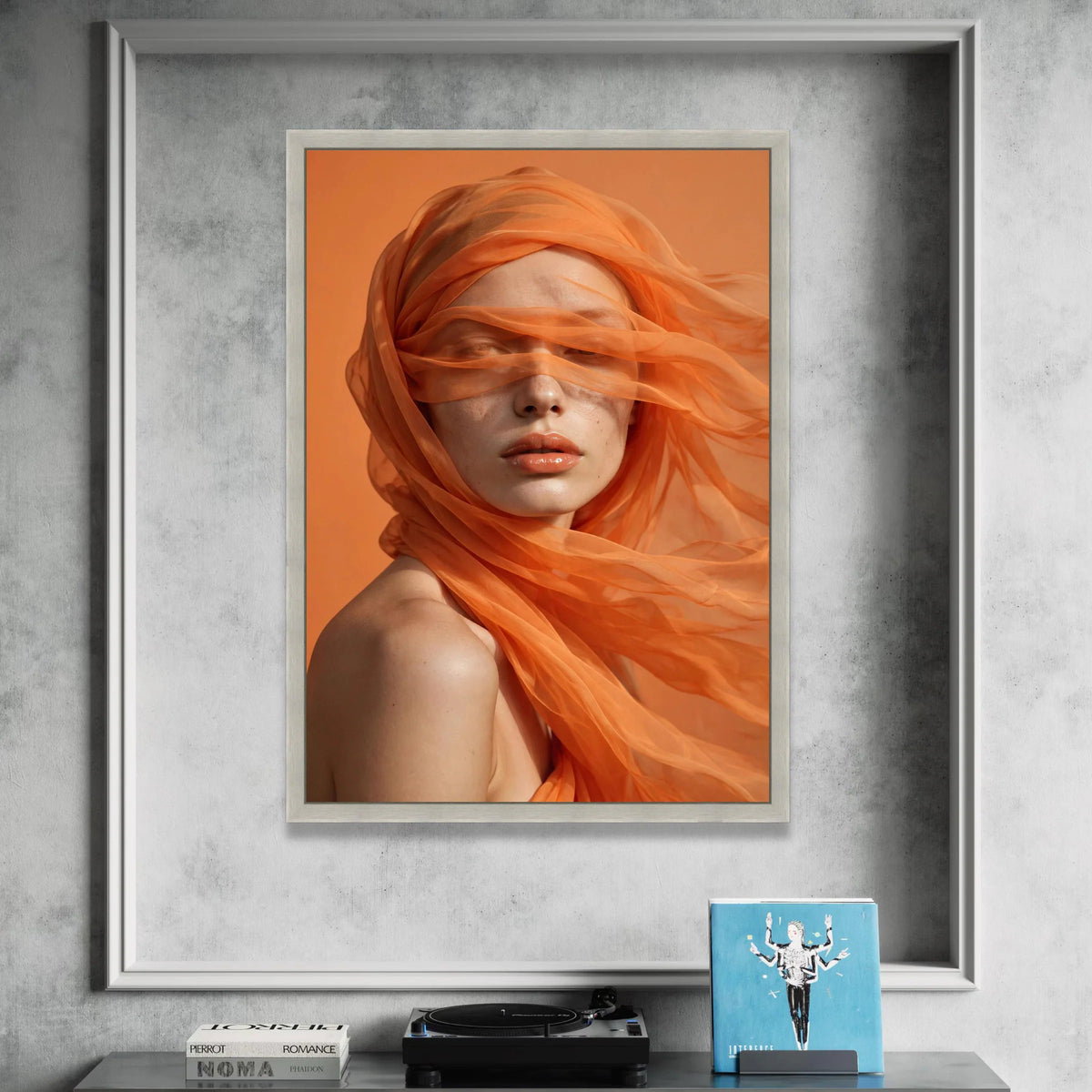 Ethereal Portrait with Flowing Orange Veil, Contemporary Female Canvas Wall Art, Modern Home Decoration, Fashion Canvas Print Art