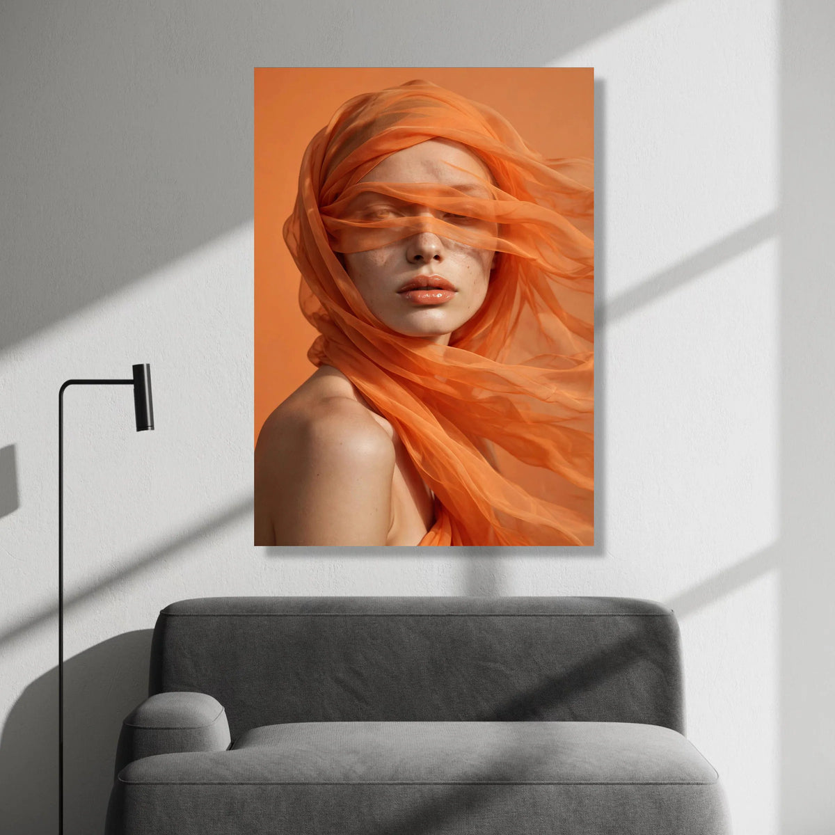 Ethereal Portrait with Flowing Orange Veil, Contemporary Female Canvas Wall Art, Modern Home Decoration, Fashion Canvas Print Art
