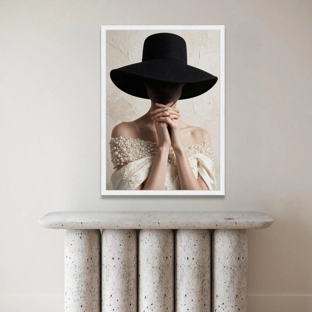 Elegant Woman with Wide Black Hat Canvas, Fashion Portrait Wall Art, Pearl Embellished Dress, Minimalist Home Decor, Canvas Print Art