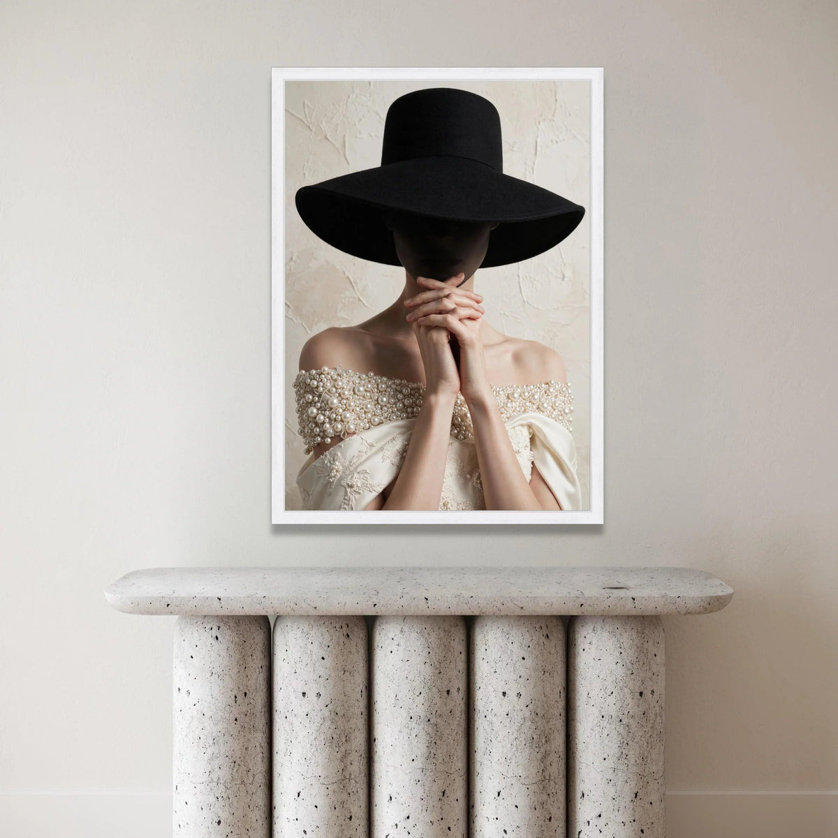 Elegant Woman with Wide Black Hat Canvas, Fashion Portrait Wall Art, Pearl Embellished Dress, Minimalist Home Decor, Canvas Print Art