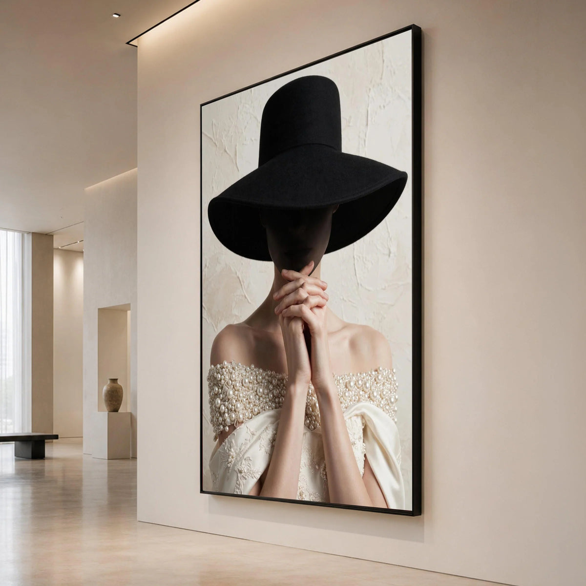 Elegant Woman with Wide Black Hat Canvas, Fashion Portrait Wall Art, Pearl Embellished Dress, Minimalist Home Decor, Canvas Print Art