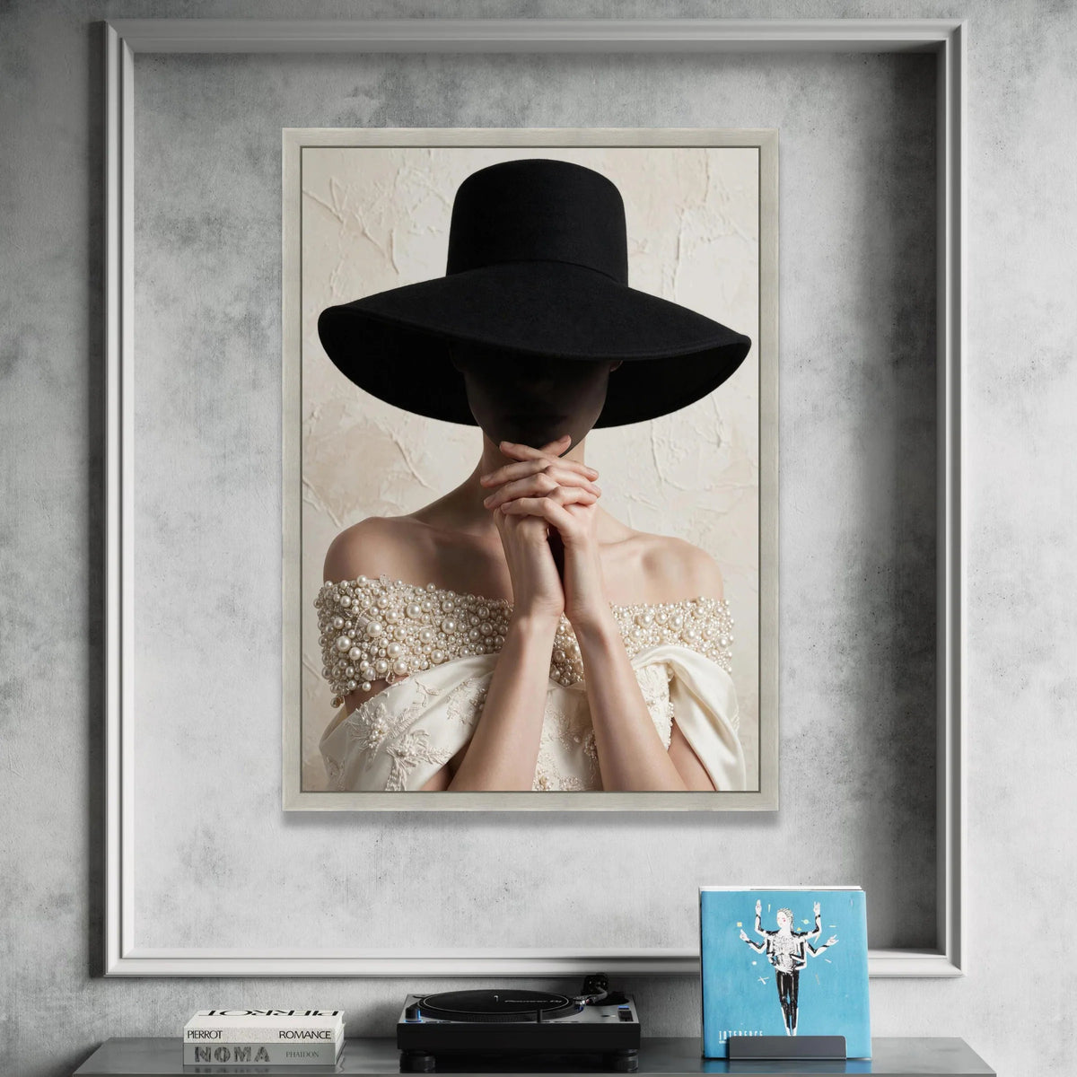 Elegant Woman with Wide Black Hat Canvas, Fashion Portrait Wall Art, Pearl Embellished Dress, Minimalist Home Decor, Canvas Print Art
