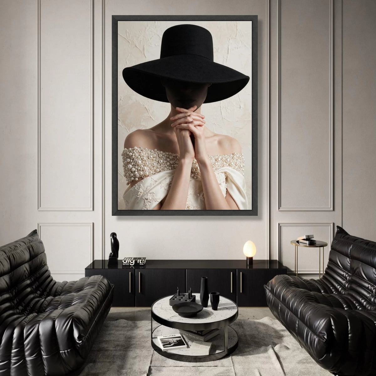 Elegant Woman with Wide Black Hat Canvas, Fashion Portrait Wall Art, Pearl Embellished Dress, Minimalist Home Decor, Canvas Print Art