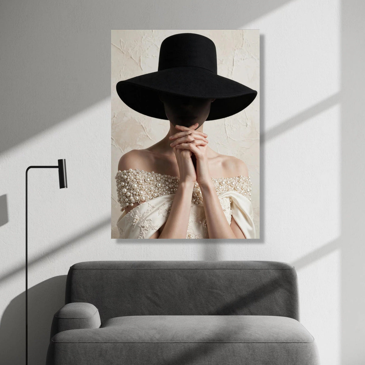 Elegant Woman with Wide Black Hat Canvas, Fashion Portrait Wall Art, Pearl Embellished Dress, Minimalist Home Decor, Canvas Print Art