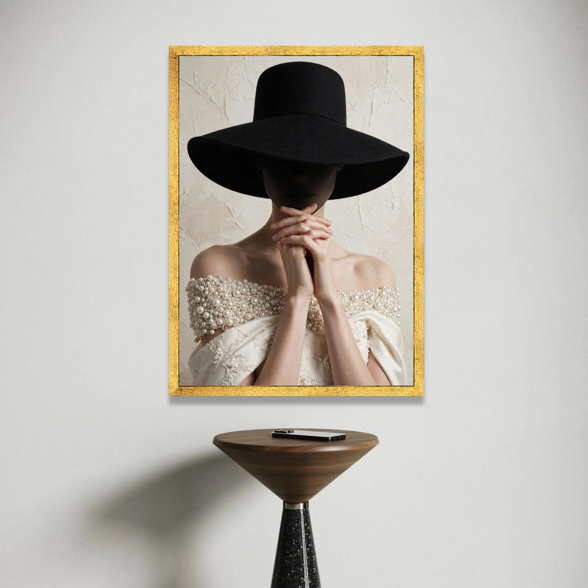 Elegant Woman with Wide Black Hat Canvas, Fashion Portrait Wall Art, Pearl Embellished Dress, Minimalist Home Decor, Canvas Print Art