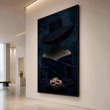 Mysterious Woman with Wide Brim Hat, Dark Fashion Portrait Canvas, Moody Wall Art, Elegant Female Figure, Home Decor Canvas Canvas Print Art